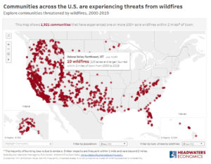 An new analysis provides an interactive map showing all U.S. communities that experienced a wildfire within 2 miles from 2000-2019.